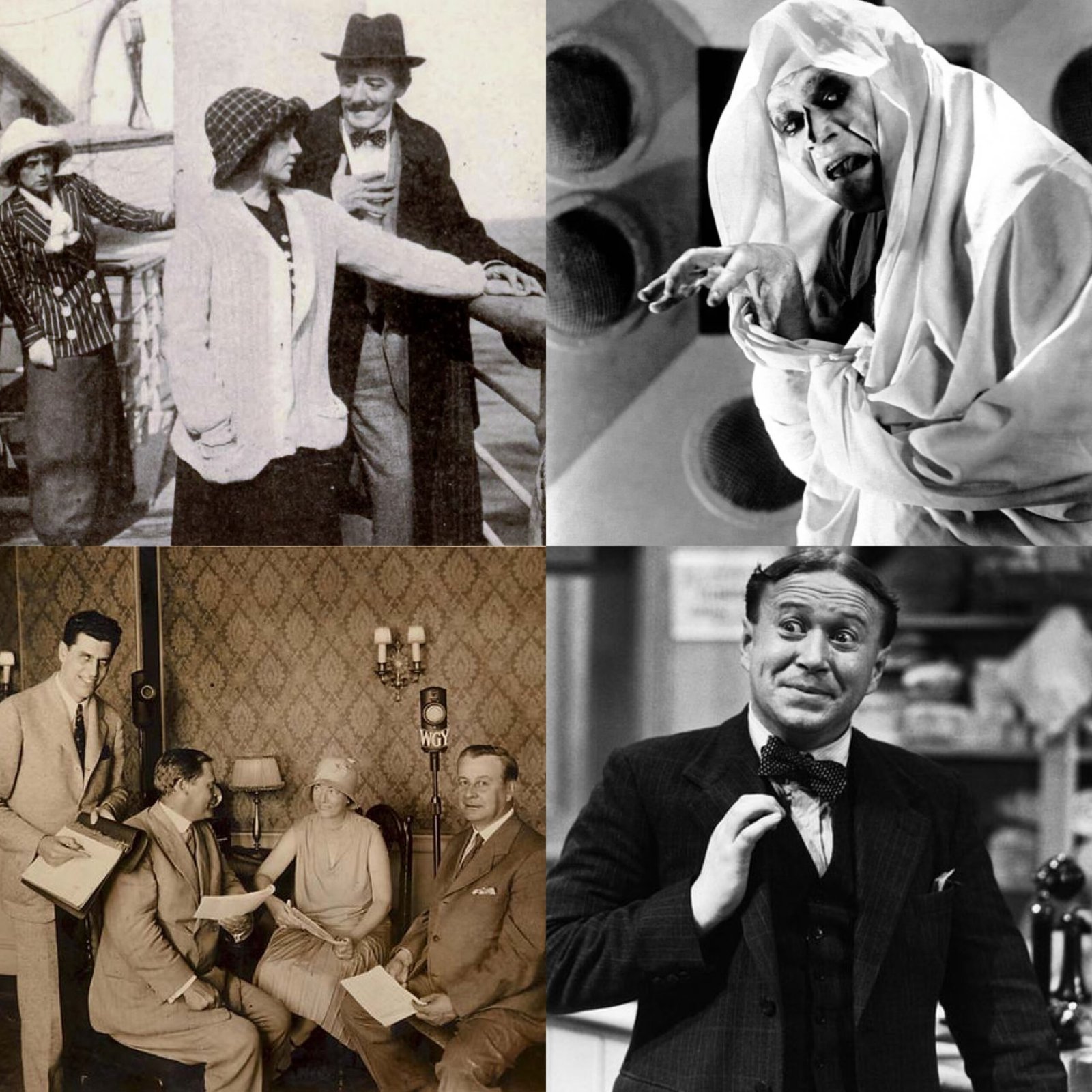 Collage de quatre images en noir et blanc, chacune représentant des productions cinématographiques et télévisuelles historiques. En haut à gauche, une scène du feuilleton muet « What Happened to Mary » (1912) montre trois personnages à bord d'un navire, vêtus de costumes d'époque. En bas à gauche, une photographie de « The Queen’s Messenger » (1928) représente quatre personnes assises dans une élégante pièce, réunies autour d'un microphone de la station WGY, symbolisant les débuts de la télédiffusion. En haut à droite, une scène de « The Television Ghost » (1931) met en scène une silhouette fantomatique enveloppée dans un drap, à l'expression effrayante. En bas à droite, une image de « Pinwright's Progress » (1946) montre un homme en costume et nœud papillon, affichant une expression comique dans un magasin ou un bureau, représentant l'une des premières sitcoms britanniques.