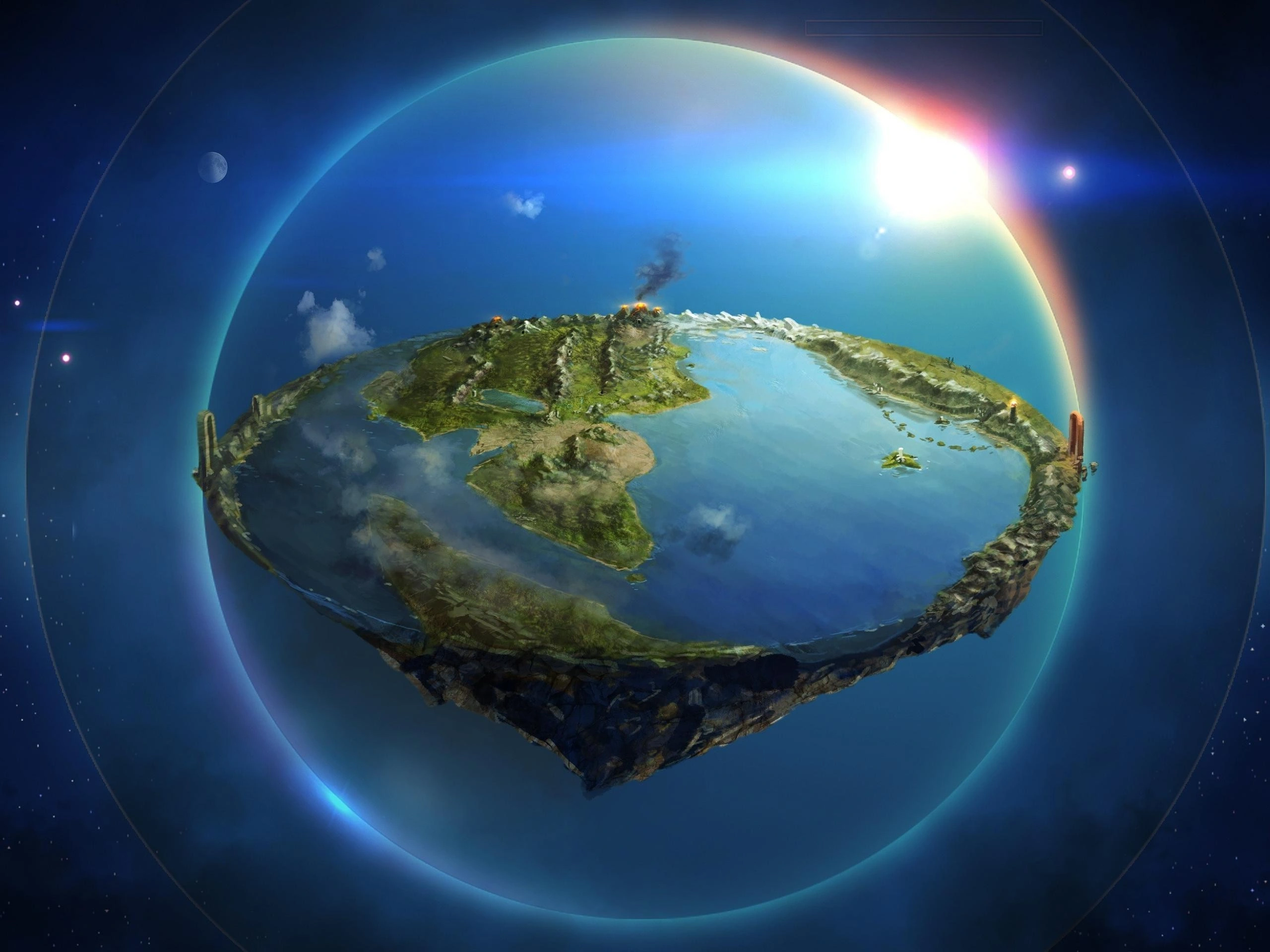 Illustration de la Terre d’Arda plate dans l’univers de Tolkien, avec océans, continents et lueurs cosmiques en arrière-plan.