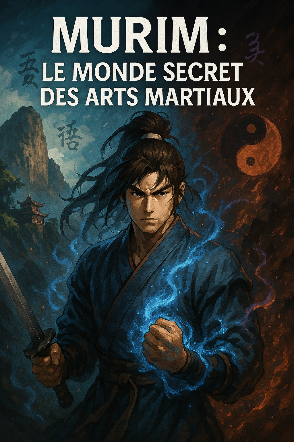 Illustration digitale de style manhwa représentant un guerrier de Murim entouré d’aura de Qi, avec en fond une montagne sacrée et un paysage sombre de culte démoniaque.